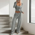 thumbnail image 5 of FAWUUDO Womens Striped 2 Piece Outfits Casual Square Neck Cropped Top Drawstring Wide Leg Pants Matching Pajamas Set, 5 of 8
