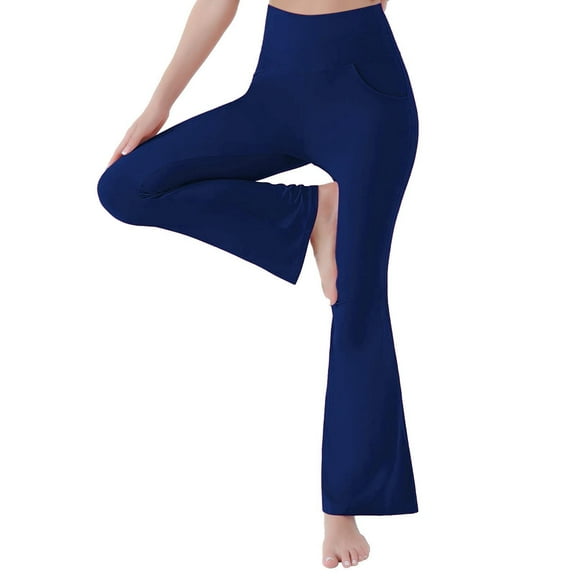 Clearance Sale! Women's Flare Leggings, Trendy Crossover Yoga Pants, High Waist Casual Workout Bell Bottom Leggings with Pockets Dark Blue S