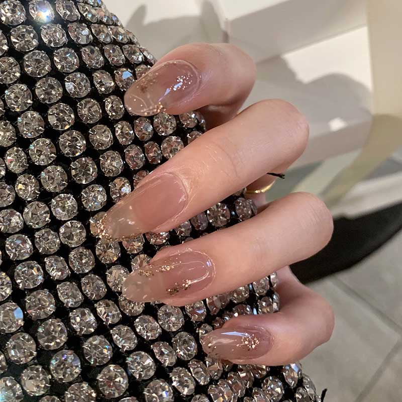 Long coffin false nails glue on nails stiletto Copper holographic glitter press on nails
