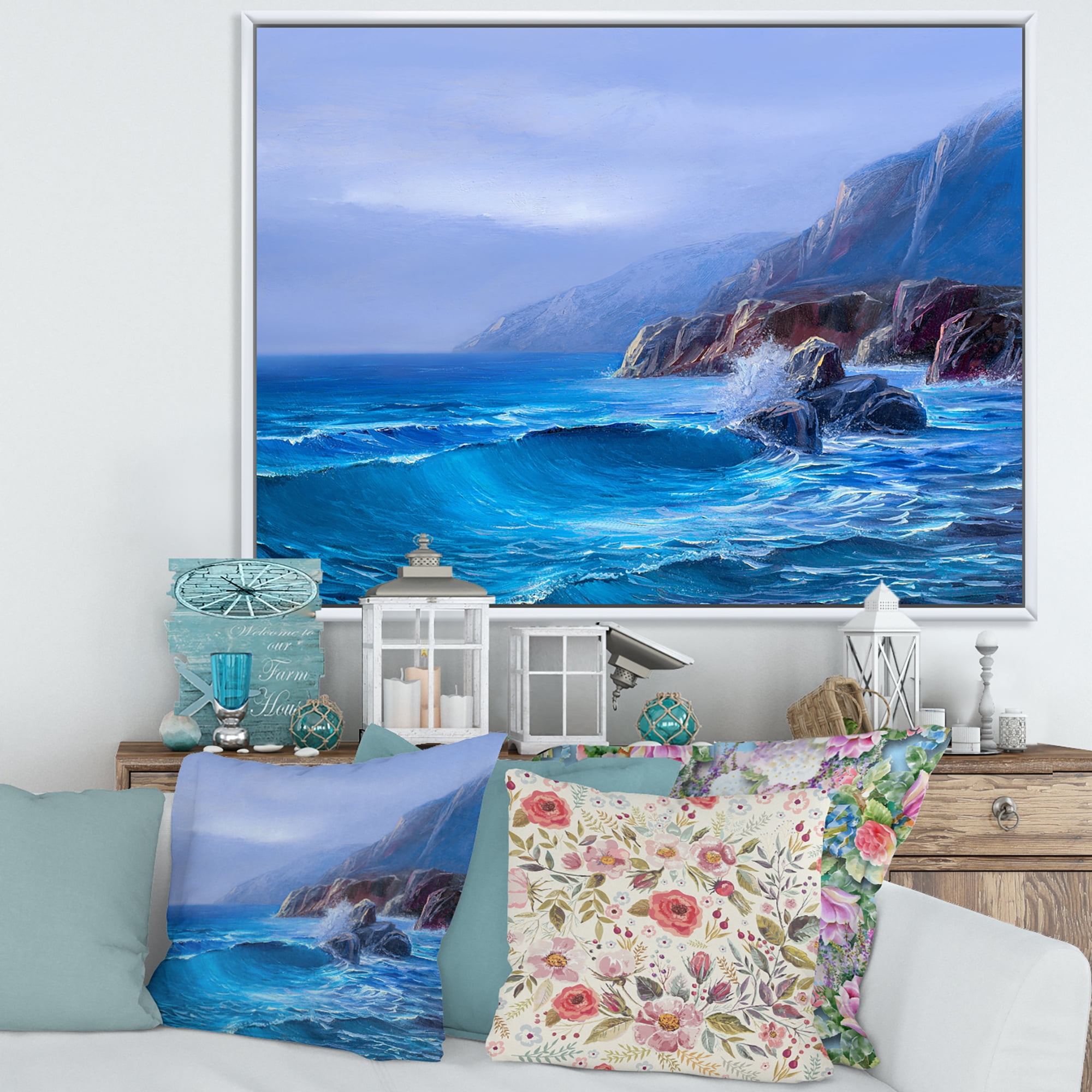 Designart 'Sunrise Glow On Sea Wave Paints On A Canvas' Nautical & Coastal Framed Canvas Wall Art Print