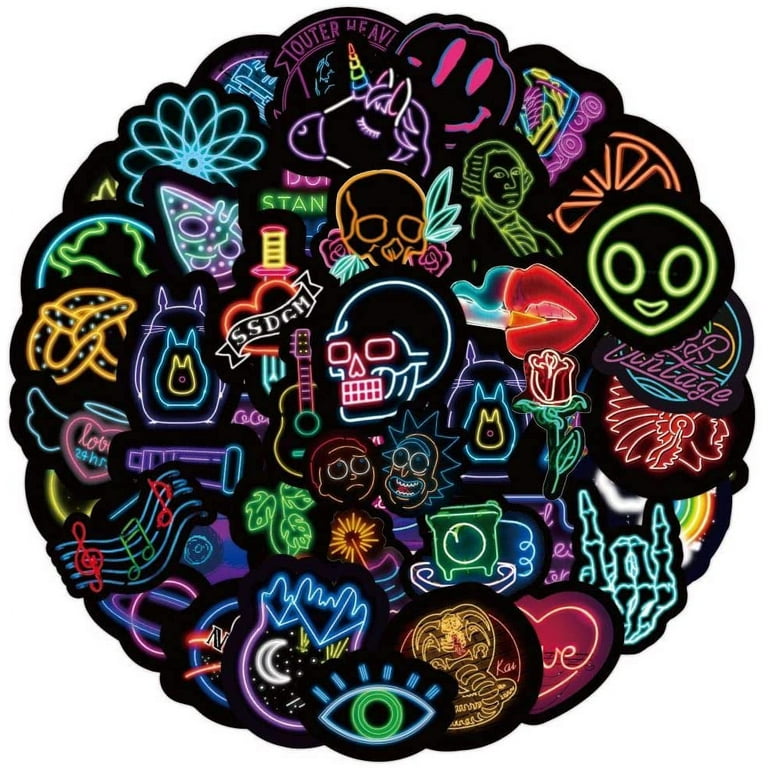 50 Pcs Of Dark Neon Stickers, Vinyl Waterproof Stickers for Water Bottles,  Laptop, Skateboard.