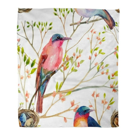 ASHLEIGH Flannel Throw Blanket Nest Colorful Drawn Watercolor Birds Blossoming Trees Hand White Soft for Bed Sofa and Couch 58x80