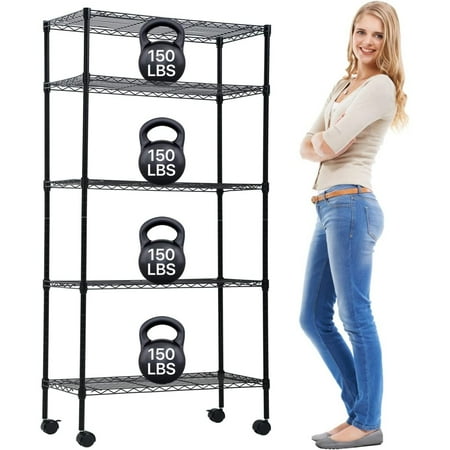 

5 Tier Wire Shelving with Wheels 14 x30 x60 Storage Shelves NSF Heavy Duty Adjustable Utility Rolling Steel Garage Shelving Metal Storage Rack Black