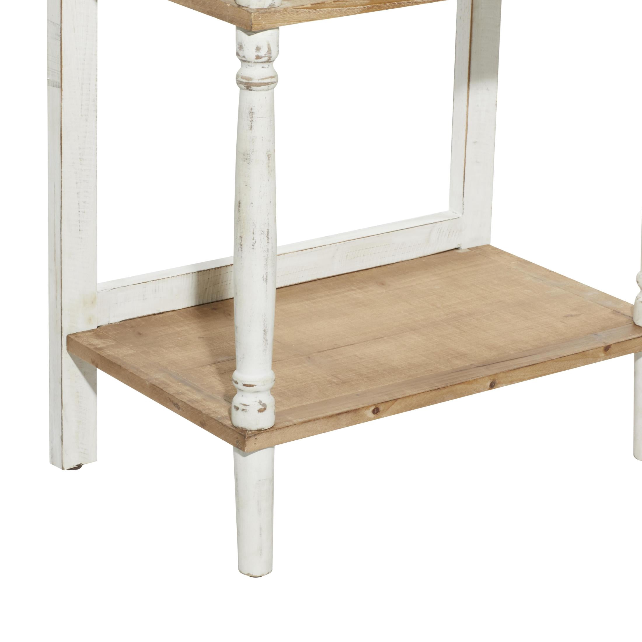 DecMode 22" x 57" White Wood Scroll 4-Tier Shelving Unit with Brown Shelves and Turned Frame, 1-Piece