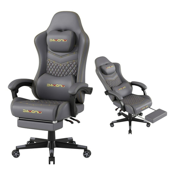 Gaming Chair,Ergonomic Computer Gaming Chair,400lb Load-Bearing,Retractable Footrest/Waist Support/Ergonomic Backrest[Spring   4D Sponge] (Grey)