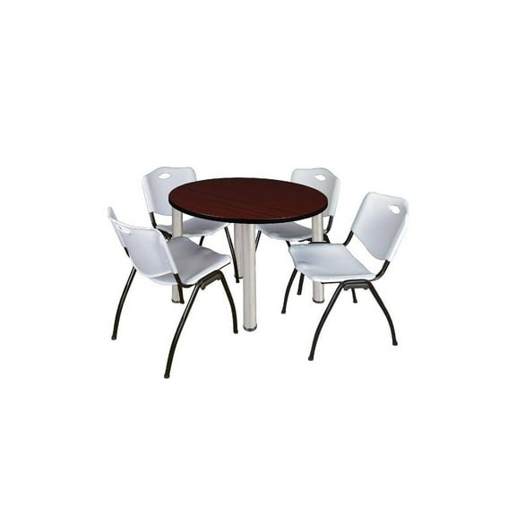 HomeStockTimeless Trends 36" Round Lounge Table Mahogany/ Chrome with 4 'M' Nesting Chairs, Grey - Ergonomic Breakroom Furniture Set for Staff Break Room, Tables & Chair, Breakroom Set