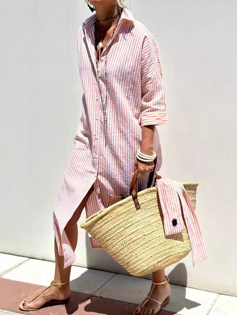 Women'S Shirt Dress Casual Lapel 3/4 Sleeve Button-Down Collar Slit Tie Resort Maxi Dress Pink XL