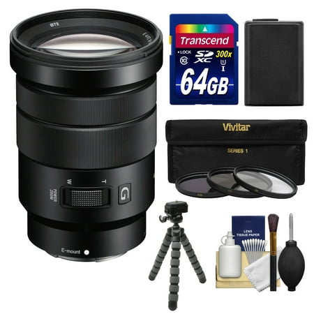Sony Alpha NEX E-Mount 18-105mm f/4.0 OSS PZ Zoom Lens + 64GB Card + NP-FW50 Battery + Tripod + 3 Filters Kit for A7, A7R, A7S Mark II, A5100, A6000,