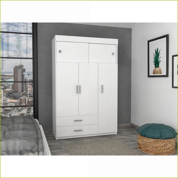 Chests & Wardrobes, Modern Tucson Armoire 3-Door with Hanging Rod, Shelves & 2 Drawers | White | Particle Board