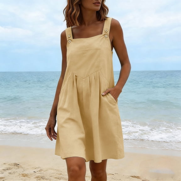 Odbmxy Womens Dresses Mini Cotton Summer Square Neckline Knee Length Tank Sleeveless Tunic Sun Dresses Women with Pockets