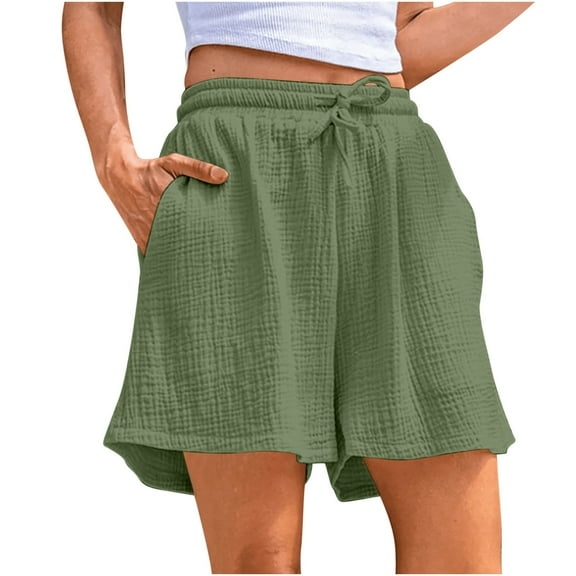 Tnhcen Women's Elastic Waist Drawstring Shorts - Cotton Linen Blend Loose Fit Workout Shorts with Pockets Pre-Washed Cotton Feel S-2XL for Women