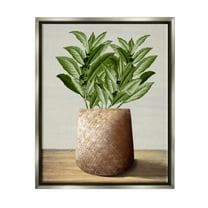 Stupell Industries Greenery in Woven Planter Botanical & Floral Painting Gray Floater Framed Canvas Art Print Wall Art, 25 x 31