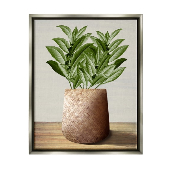 Stupell Industries Greenery in Woven Planter Botanical & Floral Painting Gray Floater Framed Canvas Art Print Wall Art, 25 x 31