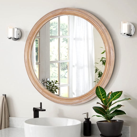 GDF Studio 23.62" Round Wall Mirror with Ribbed Detail, Wooden Circle Mirror for Coastal & Farmhouse Decor, Natural