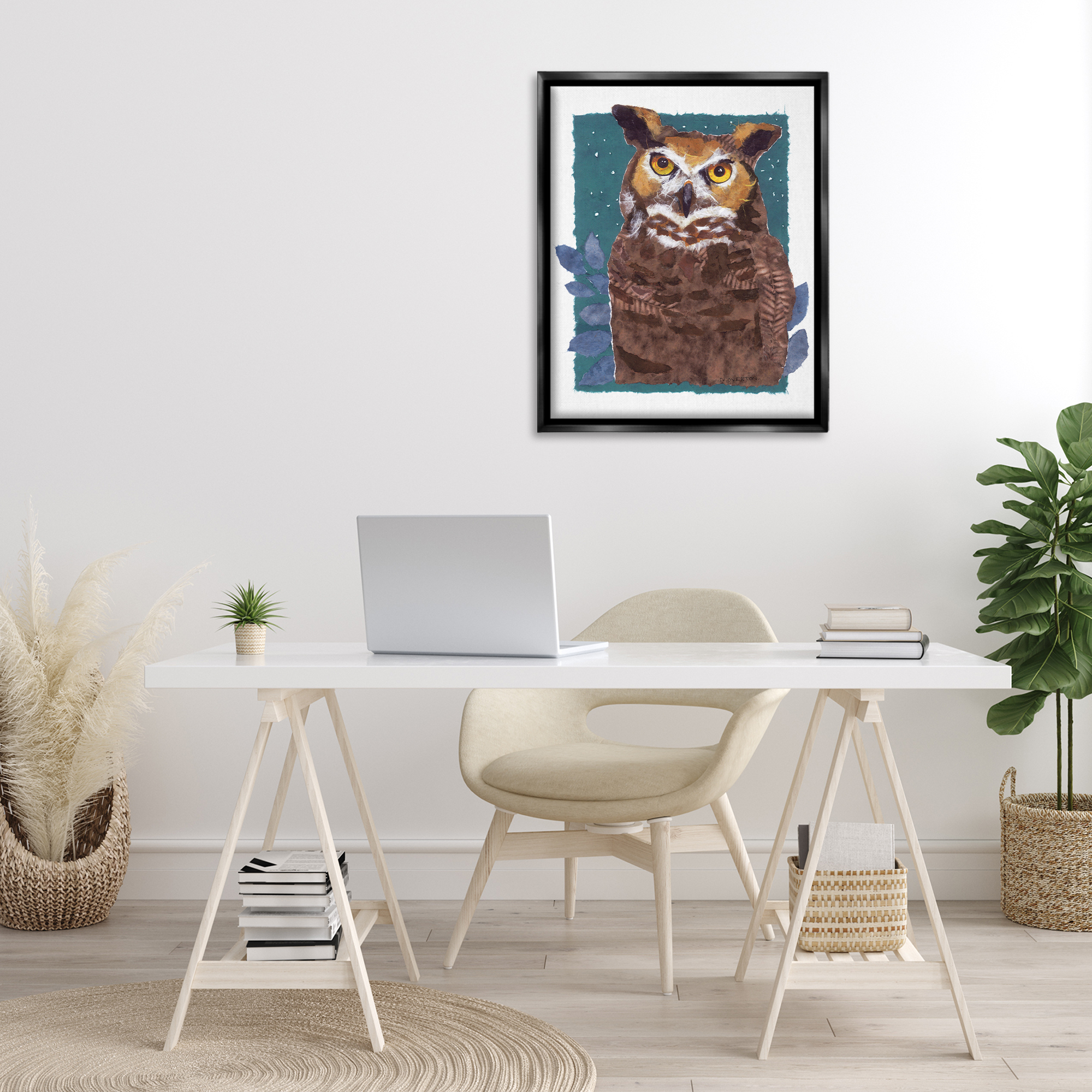Stupell Industries Stern Owl Portrait Animals & Insects Painting Black Floater Framed Canvas Art Print Wall Art, 25 x 31