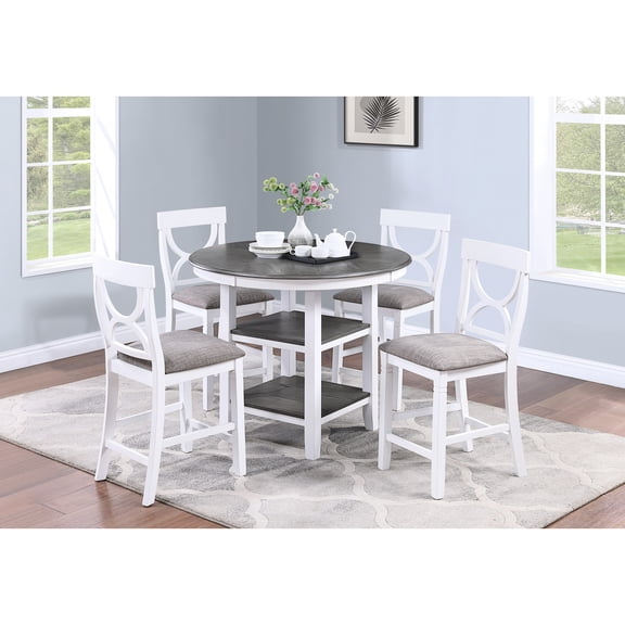 5pc Counter Height Dining, White Table With Storage Shelf, Padded Seating Area, Contemporary Dining , 4 Chairs, White, Round, Modern Shelves