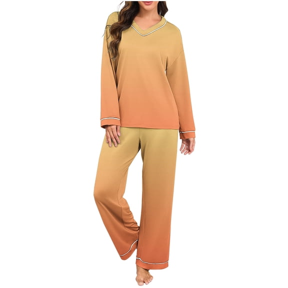 Enjoytime Pajamas for Women Set Gradient V-Neck Long Sleeve Tops Pants Cozy Loungewear Casual Loose Matching 2 Piece Outfit