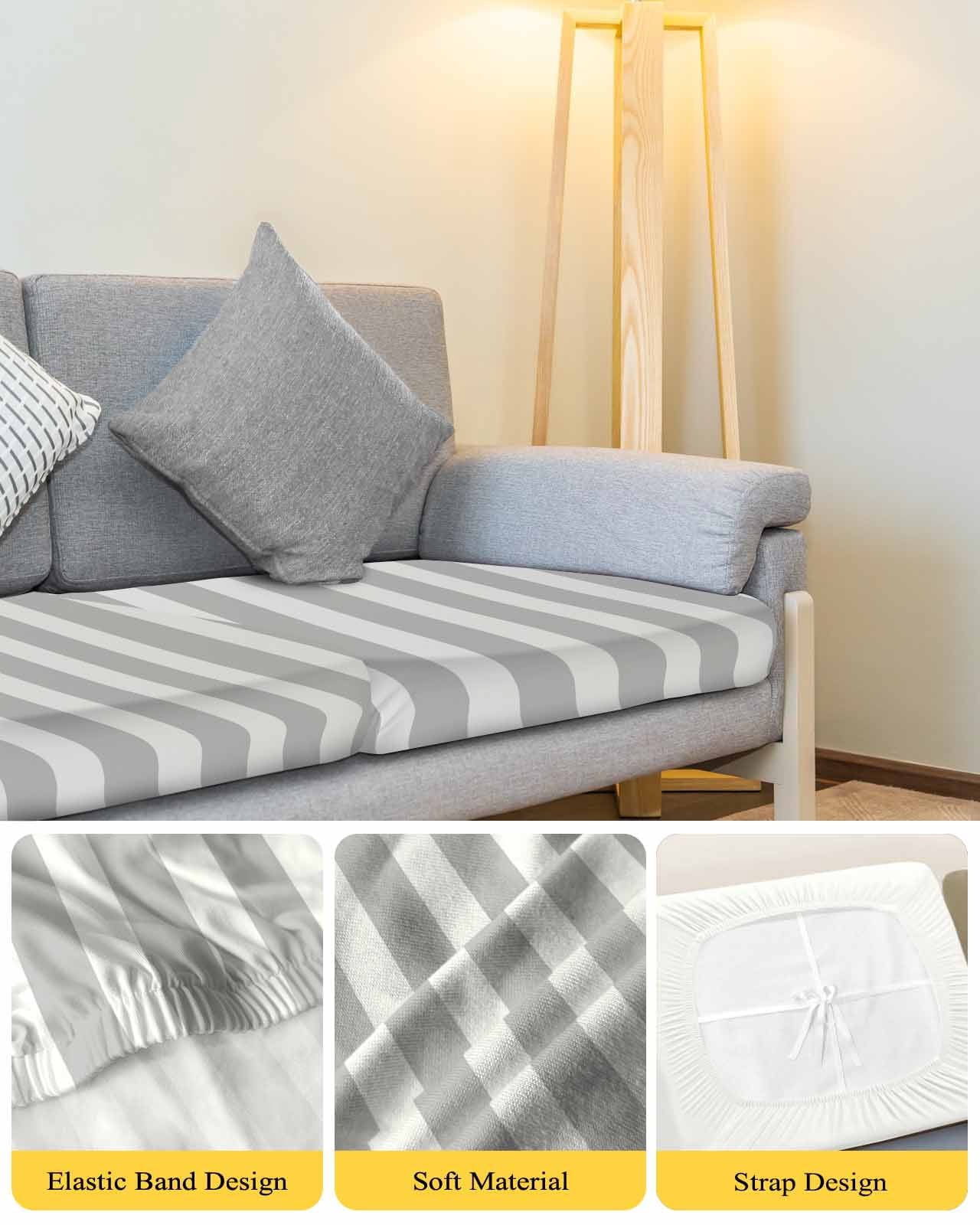 Grey Striped Couch Cushion Covers,Stretch Seat Cushion Covers for Sectional Sofa,Modern Farmhouse Gray White Stripes Loveseat Sofa&nbsp;Slipcovers Furniture Protector with Elastic&Straps 1Pcs,M