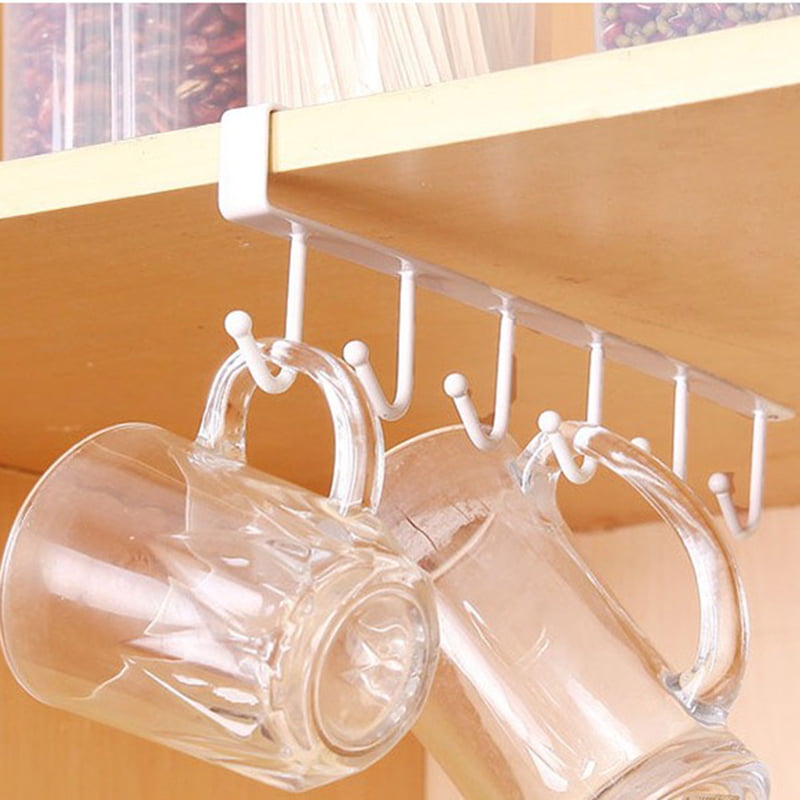 Feeilty 2 Pcs Cup Mug Holder Under Cabinet Hanger Rack 6 Hooks Kitchen Cupboard Storage Shelf Hook 