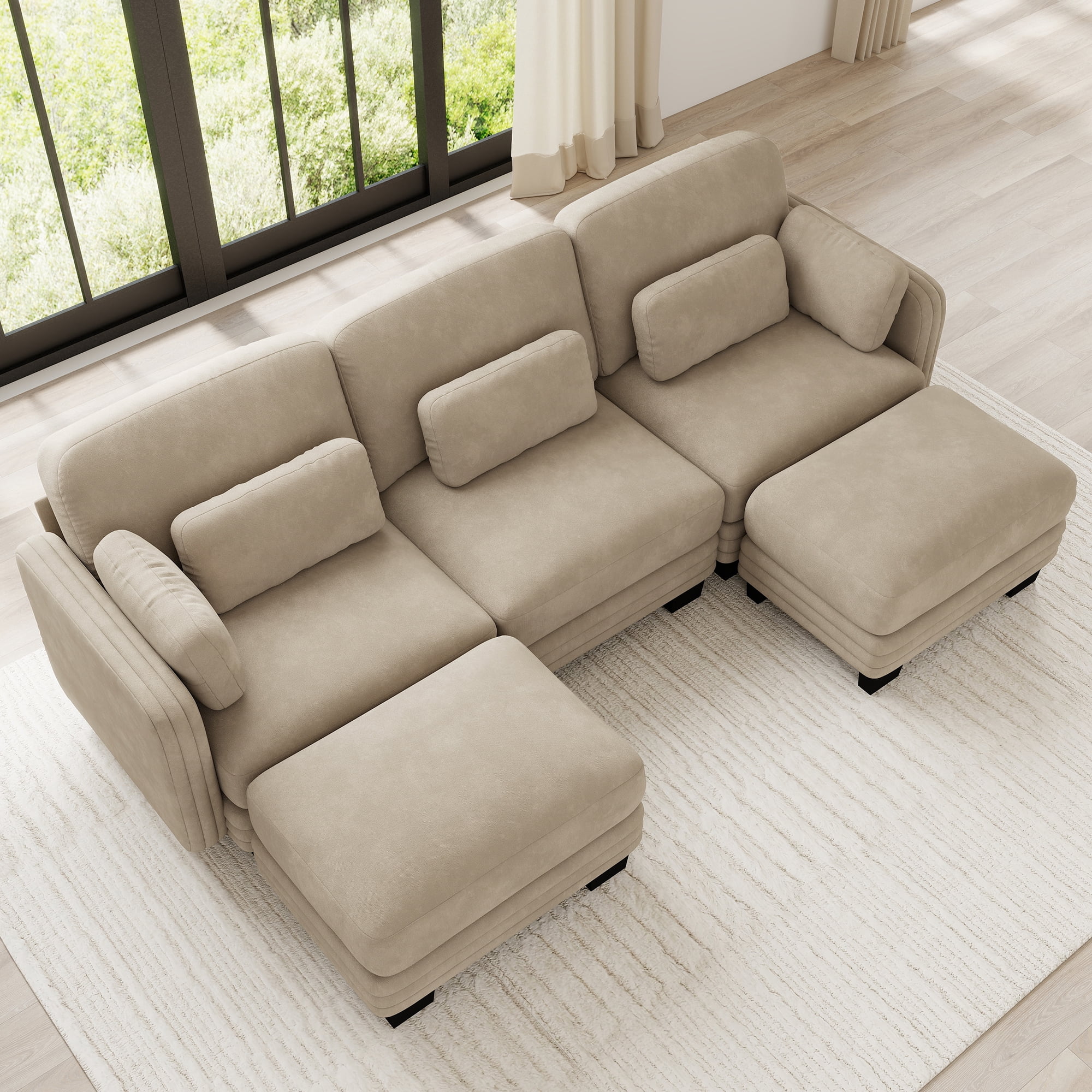 100" U-shaped Tufted Modern Modular Sectional 3 Seater Sofa Couch with 2 Ottomans and 5 Pillows