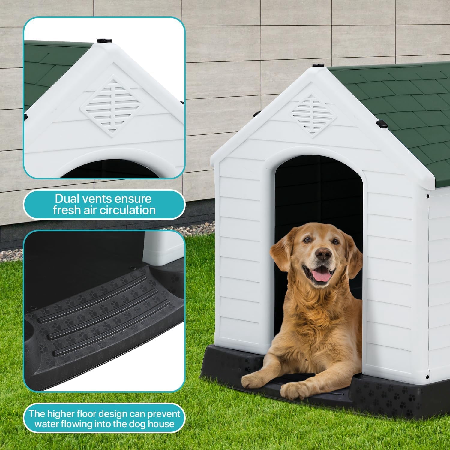 XF XINFENG Large Dog House Plastic Indoor Outdoor Waterproof Dog Kennel with Air Vents Elevated Floor( Green, 41''L*37.4''W*39''H)