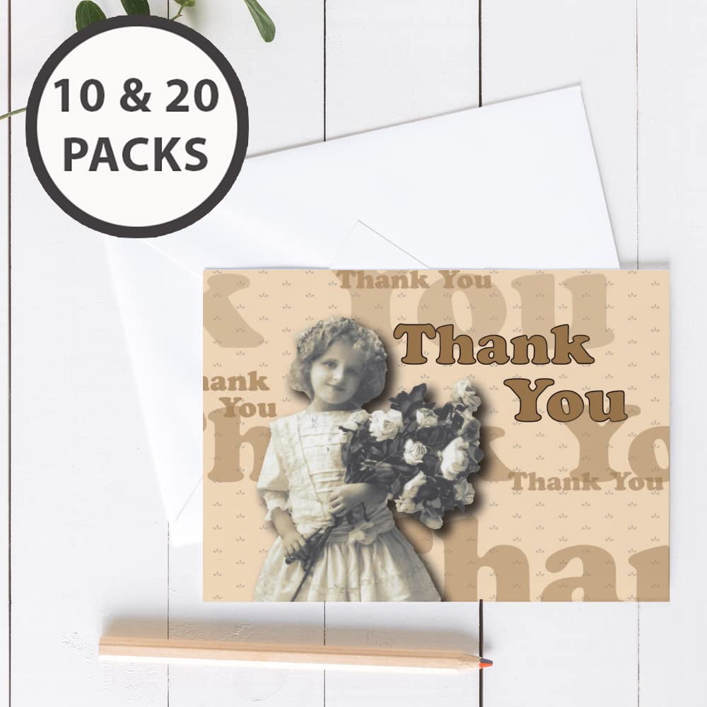 Vintage Girl & Roses Thank You Blank Note Greeting Cards | 20 Pack Bulk Set (4X6)