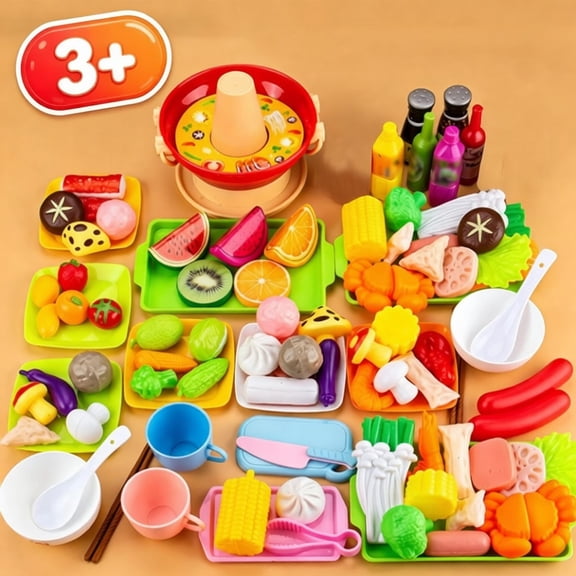Kids Pretend Play Food Set with Fruits Vegetables Meat Desserts, Kitchen Toy with Plates Cups Utensils Trays, Educational Role Play Toy for Toddlers Boys Girls Ages 3 Birthday Gifts