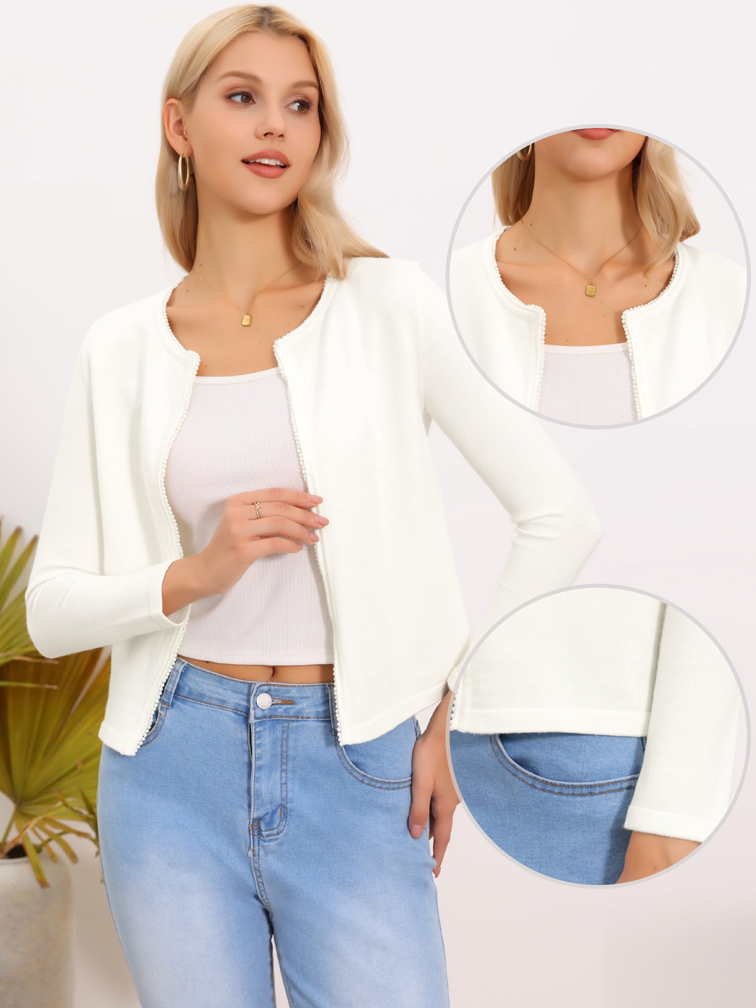 DARING DIVA Women's Elegant Long Sleeve Pearls Trim Open Front Bolero Shrug XS White