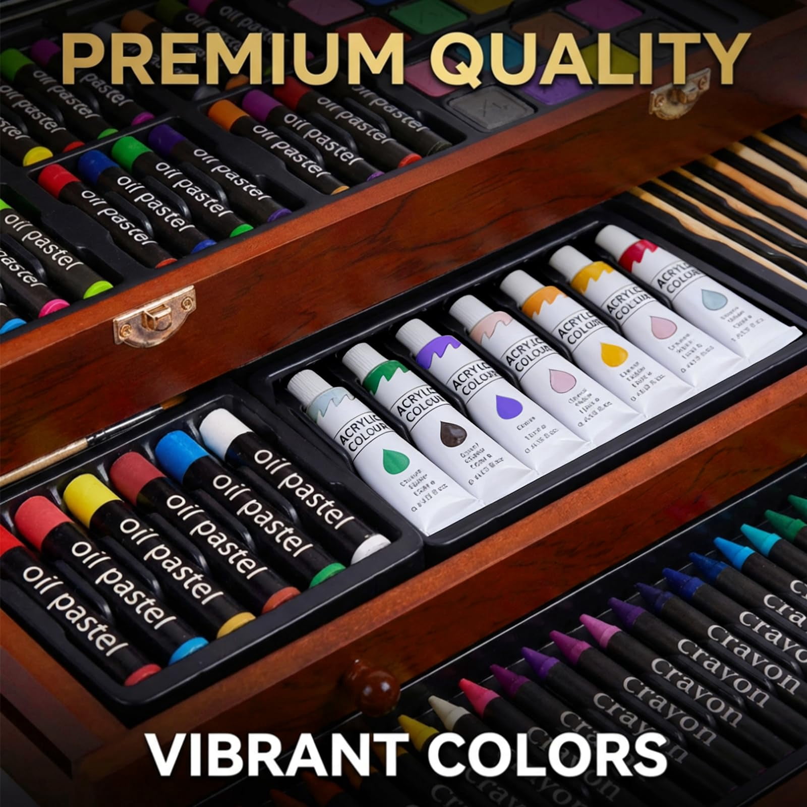 175-Pack Deluxe Wooden Art Set Drawing Painting Kit with 2 Drawing Pads, Acrylic Paints, Colored Pencils, Crayons, Paint Brush, Art Kit in Wooden Case, Gift for Artist, Adults, Teens and Kids
