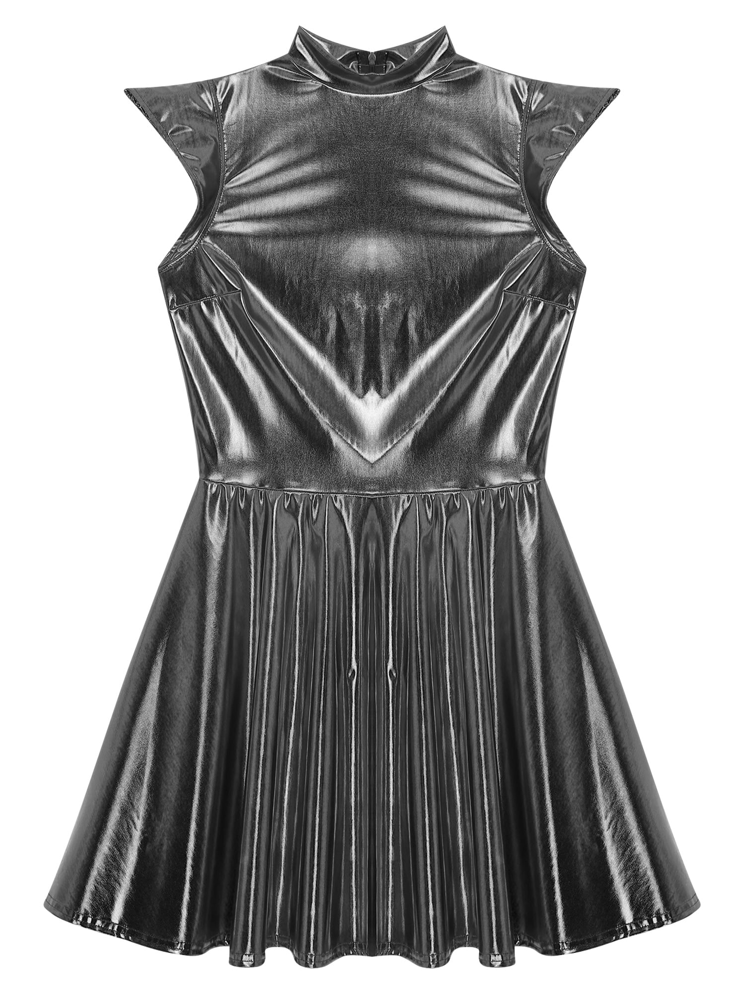 Haitryli Women's Holographic High Waist Dress Party Club Disco Pleated Dress Cosplay Outfits Wet Grey M