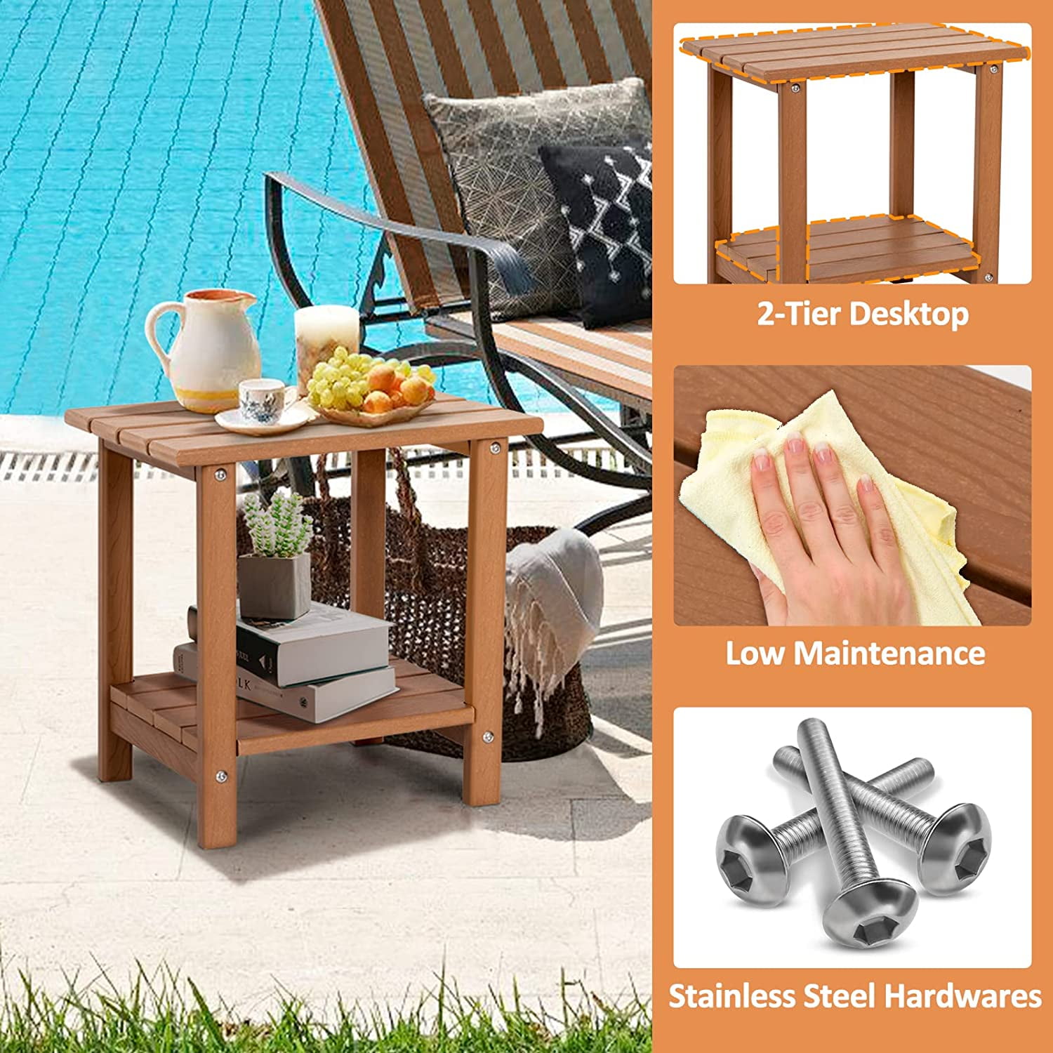 Nalone 2-Tier Outdoor Side Table, HDPE All Weather Adirondack Patio End Table, Outside End Table for Indoor Living Room Bedroom Porch Backyard, Teak