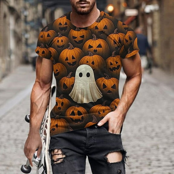 Ghost Pumpkin Graphic Tees for Men Halloween Costumes Plus Size Fashion Holiday T Shirts Short Sleeve Crewneck Tops Going Out Outfits Funny Pullover Tshirts, S-5XL