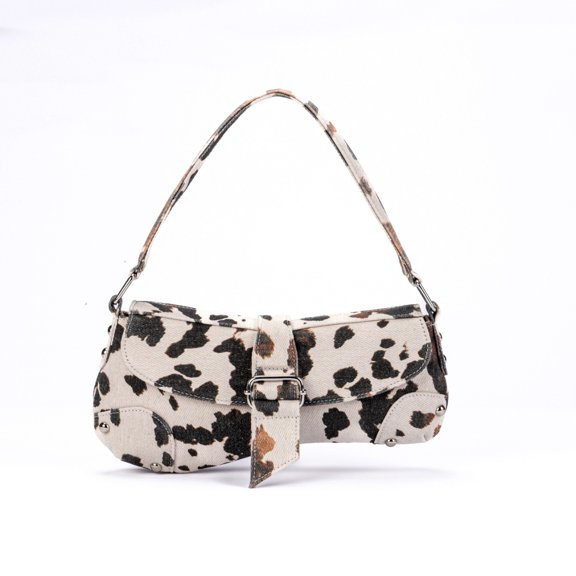 Cow Print Canvas Underarm Bag for Women, Small Shoulder Purse , Casual Daily Mini Baguette Handbag for Shopping Travel