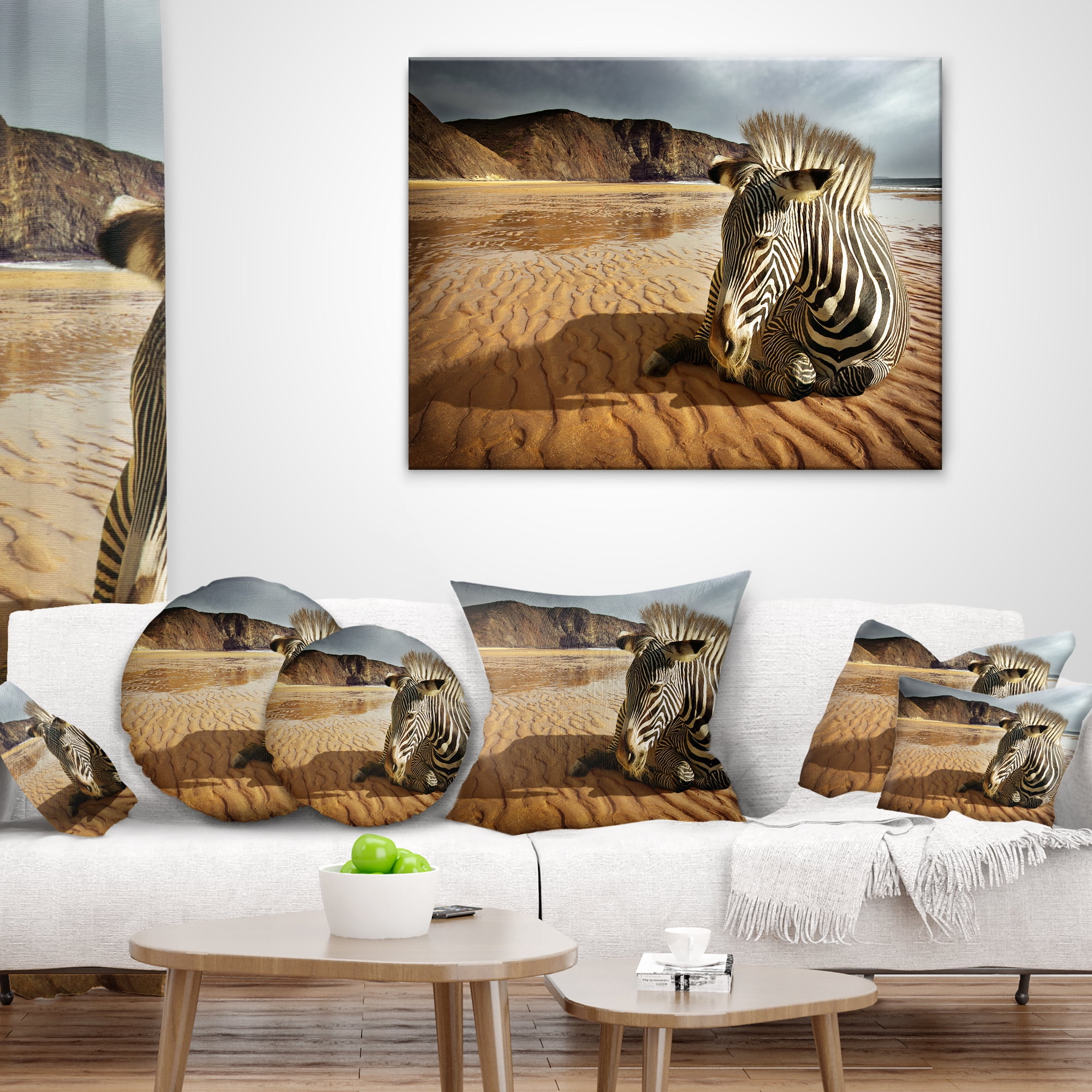 Designart Beach Zebra - Animal Throw Pillow - 16x16