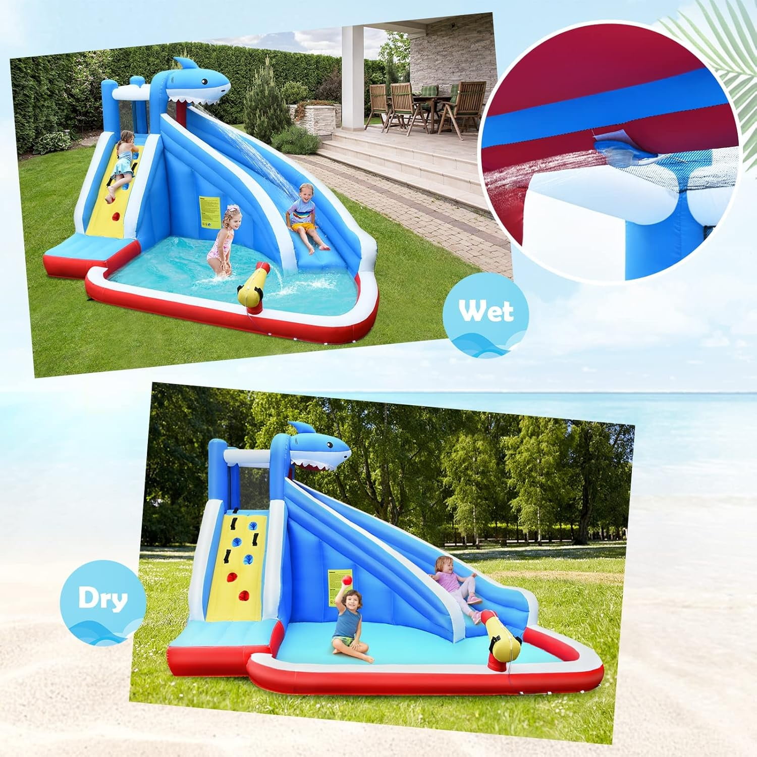 OLAKIDS Inflatable Water Slides, Bouncing House with Slide, Splash Pool, Climbing Wall, Water Blaster, Shark Themed Bouncer Castle Outdoor with Hose, Carry Bag, Blower