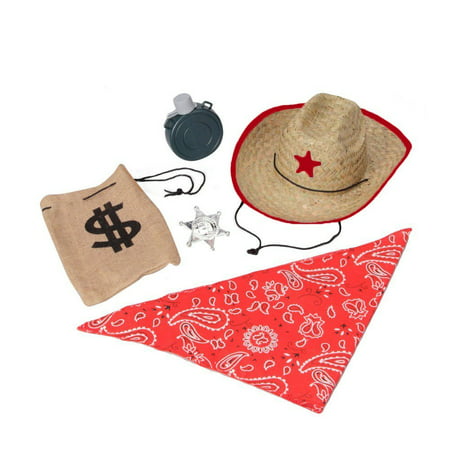 Kids Brown Cowboy Accessory Dress-Up Set, Includes woven straw hat, burlap loot bag, toy canteen, sheriff badge & red bandanna By Making Believe Ship from US