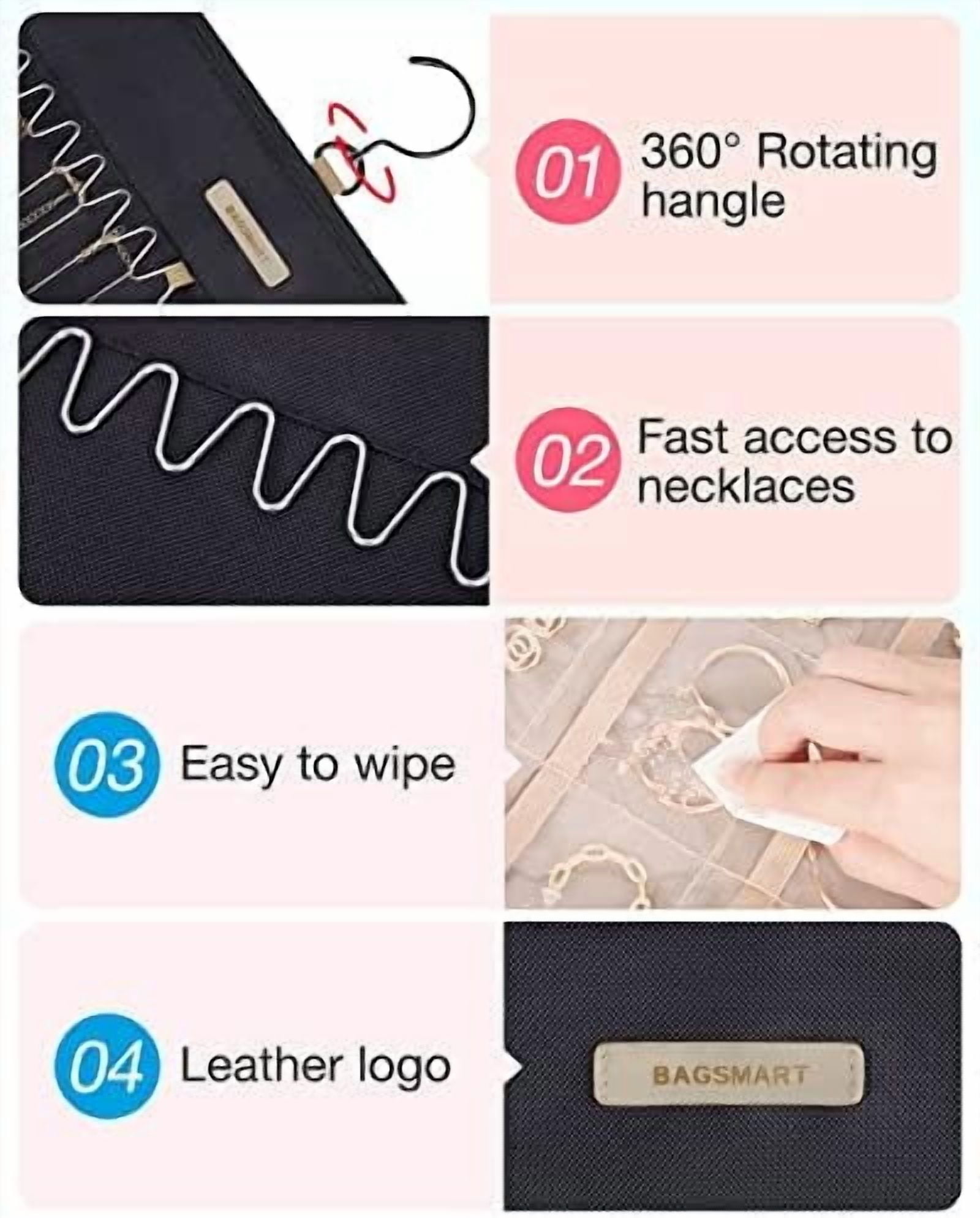 Hanging Jewelry Organizer Storage Roll with Hanger Metal Hooks Double-Sided Jewelry Holder for Earrings, Necklaces, Rings on Closet, Wall, Door, 1 piece, Medium, Black