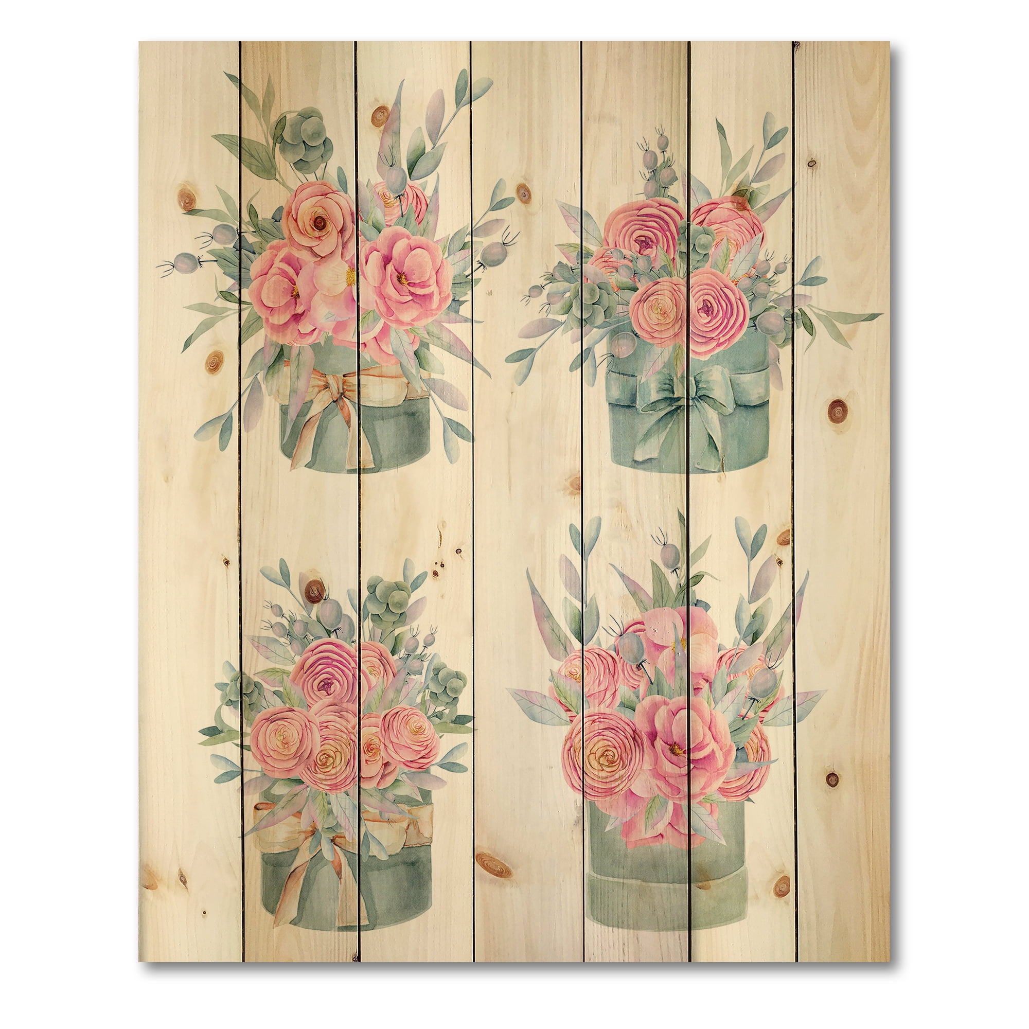 Designart 'Bouquets Collection of Pink Roses' Farmhouse Print on Natural Pine Wood