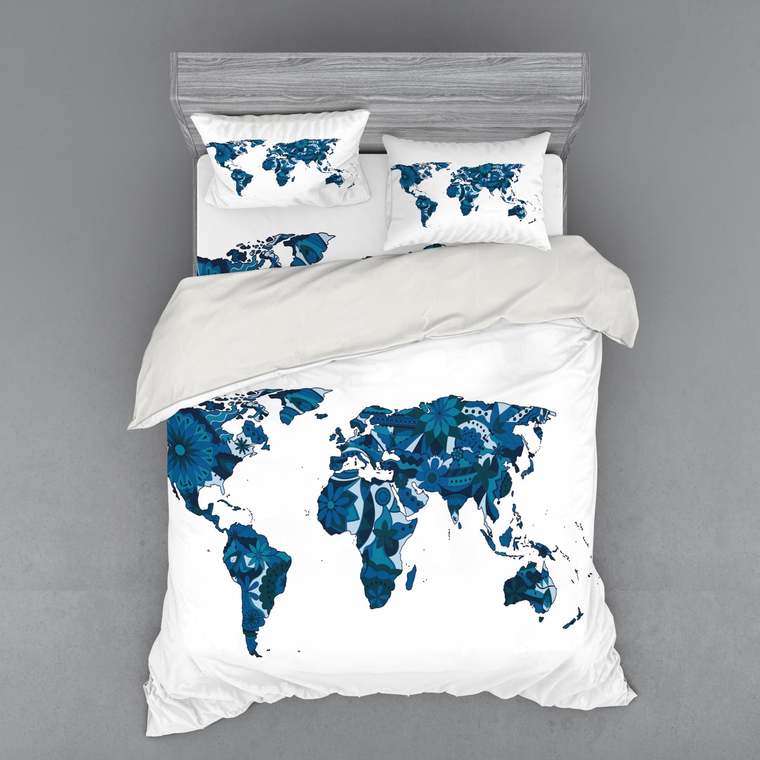 Floral World Map Blue and White Queen Duvet Cover Set