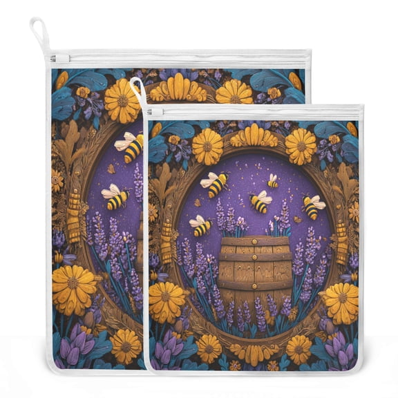 2 Pack Mesh Laundry Bags Bees and Lavenders Durable Polyester Wash Bags with Zipper 2 Sizes Reusable Delicates Bag for Washing Machine Travel Storage