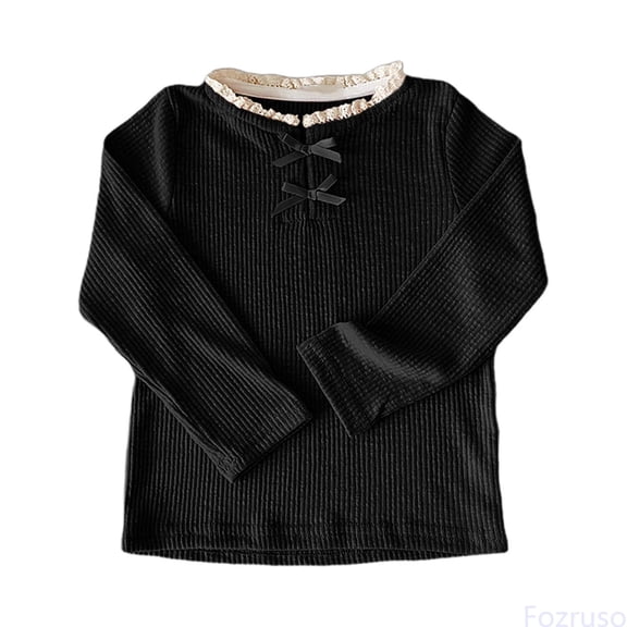 Fozruso Girls Cute Bow Blouse Elegant Lace Collar Top Style Casual Tee For Toddler And Kids Ruffled Shirt Summer Tops,Sizes 4-5 Years Black