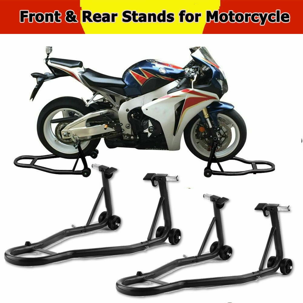 Black Motorcycle Stand Front and Rear Wheel Lift Paddock Hook Swingarm