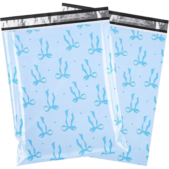 50 count Blue Bow Poly Mailer, Cute Bowknot Shipping Mailers, Heavy Duty Self Adhesive Shipping Bags for Large Mailing Envelopes Bulk Resistant Packaging, 12 x 14.5 Inches