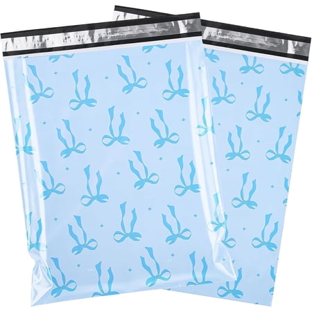 50 count Blue Bow Poly Mailer, Cute Bowknot Shipping Mailers, Heavy Duty Self Adhesive Shipping Bags for Large Mailing Envelopes Bulk Resistant Packaging, 12 x 14.5 Inches