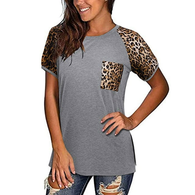 Hauts d'Été pour Femmes 2023 T-Shirt à Manches Courtes Imprimé Léopard Col Rond avec Poche Blouse