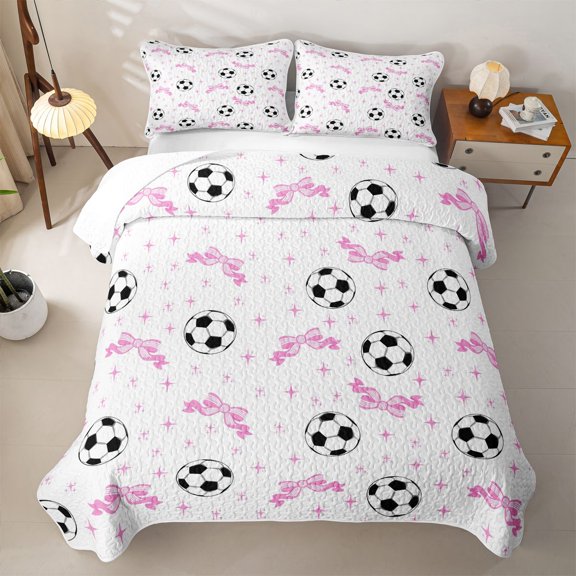 Homewish Pink Bowtie Soccer Twin Quilt Set, Cute Sport Twin Coverlet Set for Girls and Boys, 2 Pieces, 1 Comforter and 1 Pillowcase