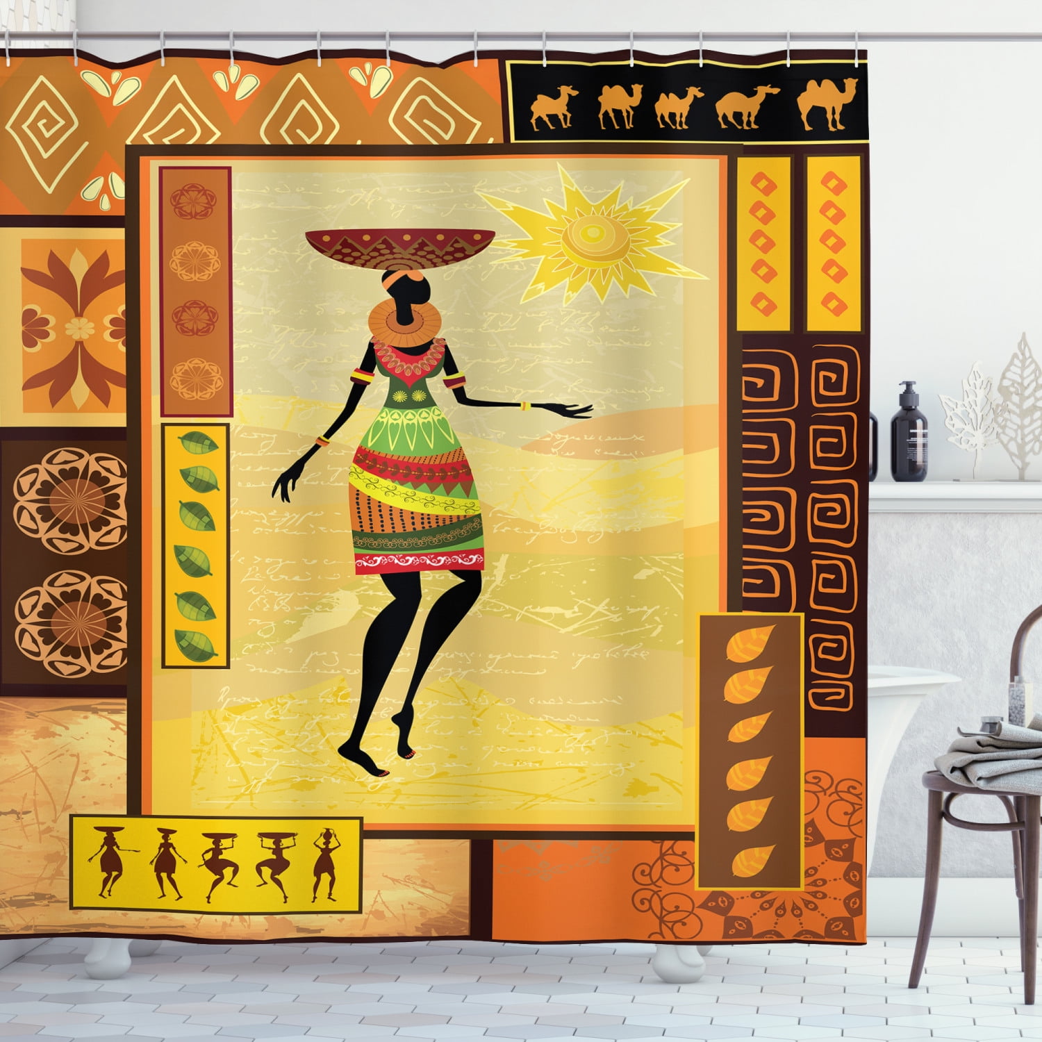 African Woman Totems on Wooden Bathroom Fabric Shower Curtain and Hooks 71inch African Woman Totems on Wooden Bathroom Fabric Shower Curtain and Hooks 71inch