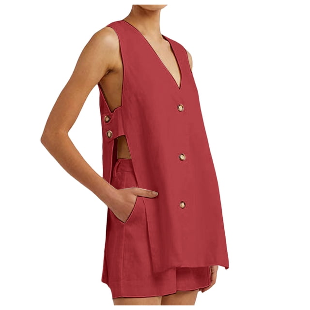 Women's Oversized Linen Set, Summer Breathable Casual V Neck Button Down Vest + Elastic Waist Shorts