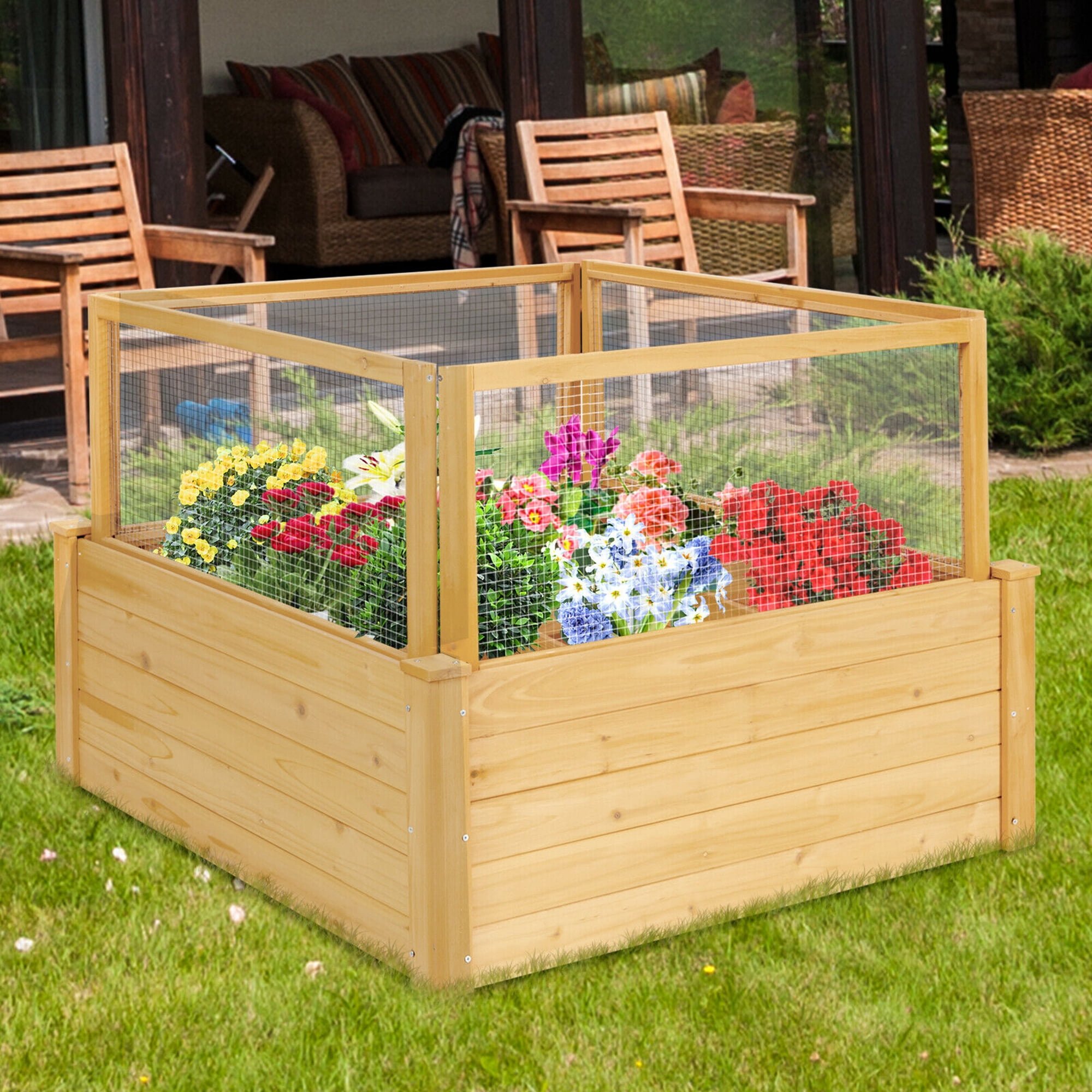 Gymax Raised Garden Bed Guard Fence Wooden Garden Box with 9 Grids & Critter