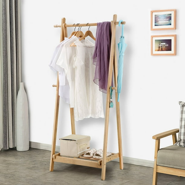 LANGRIA Foldable Bamboo Clothes Laundry Rack with 4 Side Hooks Lower